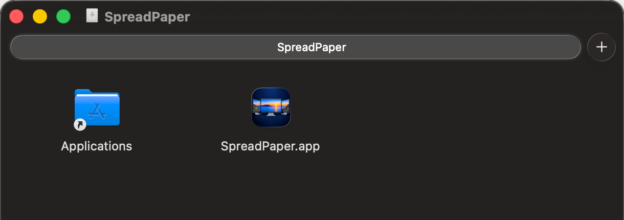 The SpreadPaper disk image open in Finder, with the SpreadPaper app icon beside a shortcut to the Applications folder, which is what you drag it onto.
